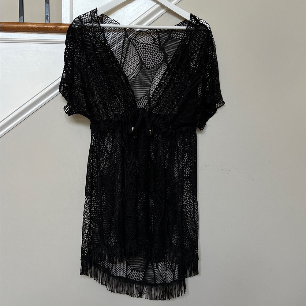 Black Crochet Mesh Cover-Up with Fringe Draw String Empire Waist
